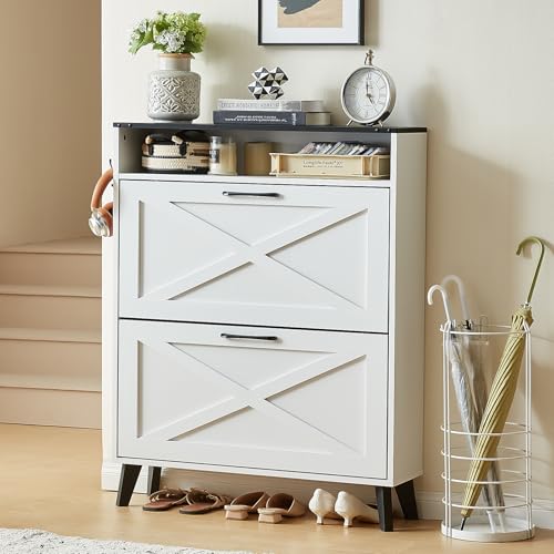 Joaxswe Shoe Cabinet Storage for Entryway with 2 Flip Drawers 2 Hook Open Storage Layer Rack Narrow Organizer Slim Hidden Wood Shoe Cabinet Furniture White - color: White