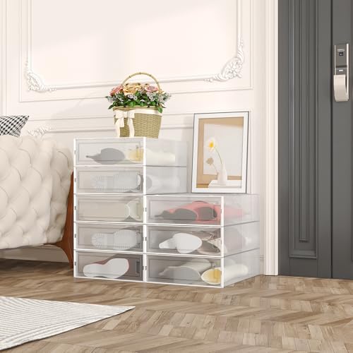 DHMAKER 8 Pack Boot Storage Box, Stackable Clear Plastic Boot Shoe Organizer for Tall Boots, Closet, Drop Front Boot Organizer, Large Shoe Container Boot Storage with Lid, 20.5" x 11.8" x 5.5"