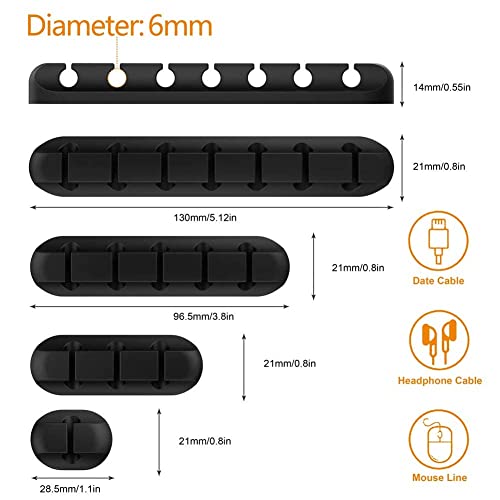 Cord Holder Cable Organizer Clips – Self Adhesive Cord Organizer for Desk, Car, Nightstands, Office, Black Silicone Cord Keeper Cable Clips Wire Holders for Phone Charger Cords (7-5-3-1-1 Slots) - color: Black