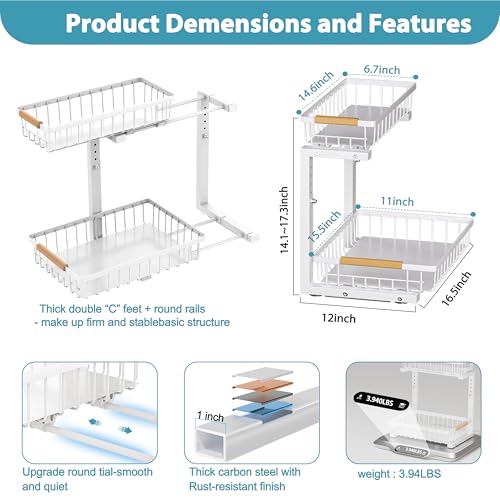 Liuoud Under Sink Organizer 2 Pack, 2 Tier Slide Out Large Capacity Height Adjustable Under Sink Organizers and Storage for Kitchen Bathroom Cabinet, White - color: White