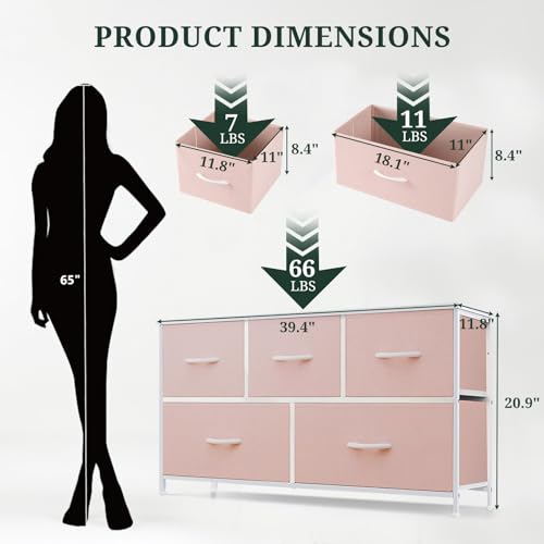 5-Drawer Dresser for Bedroom, Anti-Tip Wide Storage Organizer Fabric Chest of Drawers TV Stand for 45" TV with Wooden Top and Metal Frame for Closet, Living Room, Hallway, Entryway, Pink - color: Pink, size: 11.8"D x 39.4"W x 20.9"H (5 Drawers)