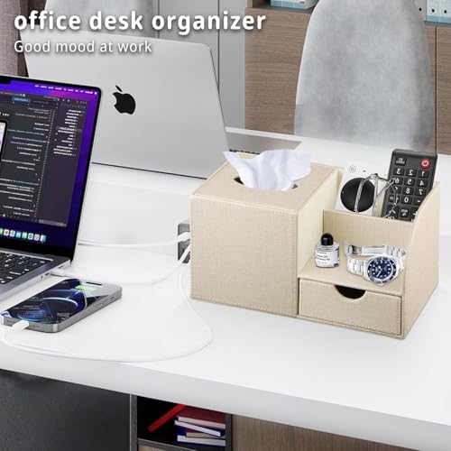 YAPISHI Square Tissue Box Cover with Storage Drawer, PU Leather Facial Tissues Cube Boxes Holder Modern Makeup Remote Control Holder, Nightstand Organizer Caddy for Bathroom Vanity, Office, Home Decor - color: Beige