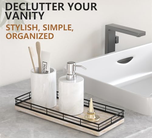 Bathroom Tray for Counter Top Organizer – Ash Wood Vanity Tray with Metal Frame for Dresser, Kitchen, Nightstand – Black & Whitewashed Decorative Storage - color: Black & Whitewashed, size: 11" x 4.5" x 1.5"