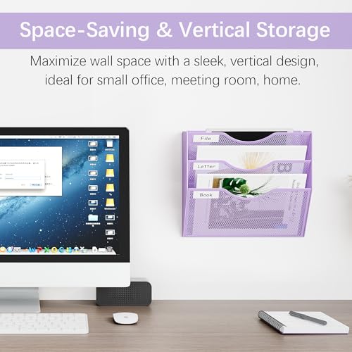 EasyPAG 3 Pocket Mesh Wall File Organizer, Hanging Paper Folder Holder with Classify Label, Vertical Wall Mount Mail Organizer for Office Home Classroom, Purple - color: Purple, size: 3 Tier
