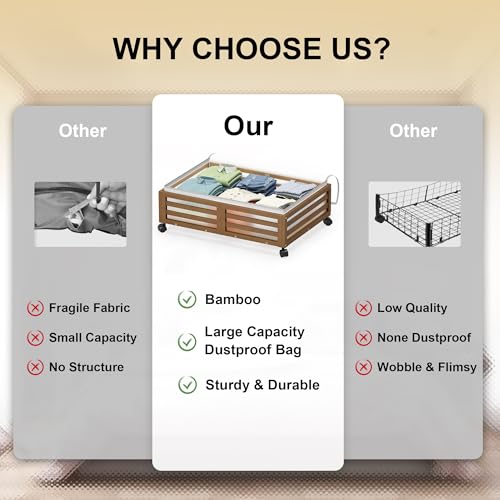 Under Bed Storage Containers With Wheels - 2 Pcs Bamboo Wood Rolling Underbed Shoe Storage Bins With Dust Bags for Clothes Blankets, Duvet Covers Snacks Toys (Walnut) - color: Brown, size: M