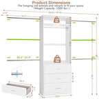 Wooden Closet System With LED Light 11FT Closet Organizer with 3 Wooden Drawers Walk-in Closet Organizer System with Tower and 4 Extendable Hanging Rods White