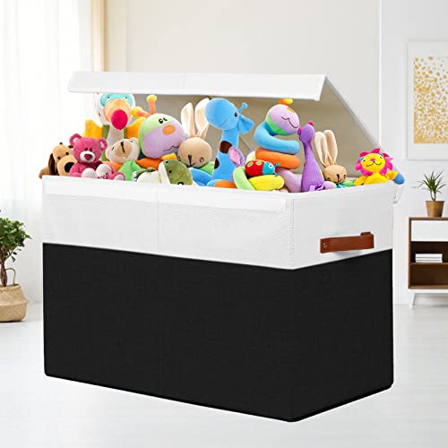Gowee Large Toy Storage Box with Lid, Sturdy Toys Storage Chest Bin Organizer Basket with Dividers for Kids, Boys, Girls, Nursery, Closet, Bedroom, Playroom 25"x13" x16" (Black and White) - color: Black and White, size: 25"x13" x16"