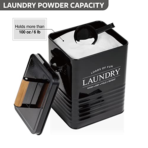 Calindiana Modern Farmhouse Metal Laundry Soap Dispenser Container Holder with Scoop for Laundry Room Decor and Space Saving Laundry Room Organization and Storage, Laundry Powder Container, Black - color: BLACK