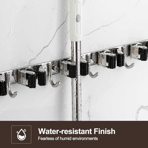 Broom Holder Wall Mount, Stainless Steel Broom Hanger Wall Mount, Heavy Duty Mop and Broom Holder Tool Racks Utility Hooks for Laundry Room Garden Garage, Grey (5 Racks and 4 Hooks) - color: Gray, size: 1Pack 5R4H