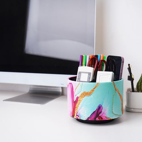 Round Leather Art Supply Organizer,Remote Control Holder,360-degree Rotating Pen Organizer with 4 Compartments(1-Red Green Splash Ink) - color: 1-Red Green Splash Ink