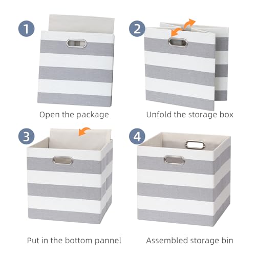 11 x 11 x 11 Inch Storage Bins, Collapsible Fabric Cubes, Cubby Organizer Bins Striped Container Baskets for Home Office Wardrobe Closet Shelf, Pack of 4, Gray/White - color: Gray/White, size: 11"x11"x11"