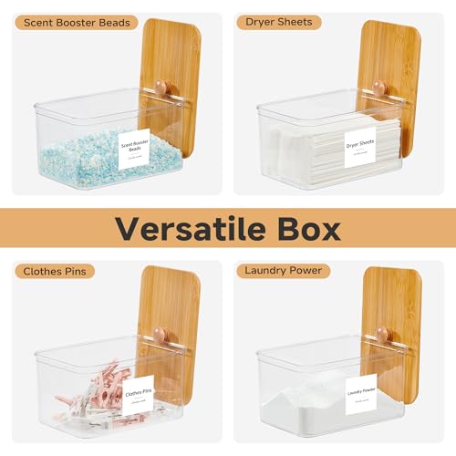 Glass Laundry Pods Container & Acrylic Dryer Sheet Holder with Bamboo Knobs Lids, Scoops & Labels | Premium Laundry Room Organization and Storage for Detergent Pods, Powder, Dryer Balls & Beads - color: Bamboo Cap with handle