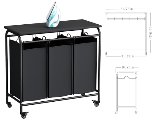 LINZINAR 3 Bag Laundry Basket Sorter Heavy Duty Rolling Lockable Wheels Laundry Hamper Cart with Ironing Board and Removable Bags, Black - size: 3 Bags Black with Board