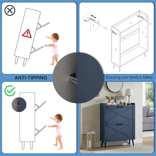 Barnyatoh Shoe Storage Cabinet,Farmhouse Shoe Organizer with 2 Flip Drawers & Barn Door Design,Freestanding Hidden Slim Narrow Shoe Rack Cabinet for Entryway,Foyer,Hallway,Navy Blue - color: Navy Blue, size: 2-Drawers