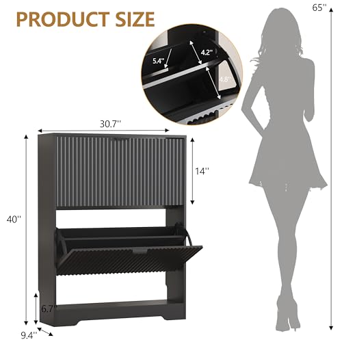 HUANLEGO Shoe Cabinet Storage for Entryway with 2 Flip Drawers, Black Fluted Shoe Cabinet with Open Storage, Wooden Hidden Shoe Rack Freestanding Narrow Slim Shoes Organizer for Hallway, Entrance - color: Black, size: 2 Drawer