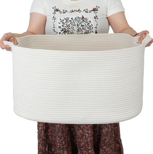 XUANGUO Large Rectangle Blankets Basket Living Room 22"x17"x12" Woven Cotton Rope Storage Baskets for Nursery Toy Baskets for Kids and Dogs Wicker Laundry Basket Bin for Clothes Towels white - color: white