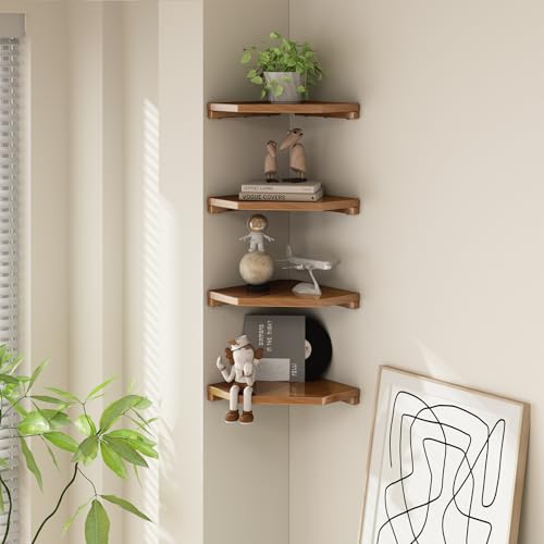2 Pcs Floating Corner Shelves for Bathroom, Kitchen or Living Room Decor, Wooden Wall Mounted Shelves, Natual Teak