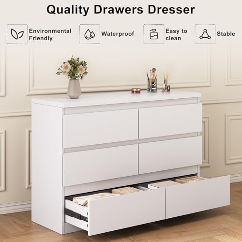 Jocoevol White 6 Drawer Dresser for Bedroom, 15.3" D x 47.2" W x 32.3" H in Simply Modern Chest of Drawers, Wood Storage Double Dresser with Deep Drawers for Living Room, Hallway Entryway, White - color: White
