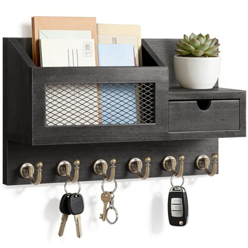 FifthQuarter Key and Mail Holder for Wall, Mail Organizer Wall Mount with 6 Hooks and Storage Drawer, Easy Installation Key Rack for Entryway and Home Decor (B-Black) - color: B-Black