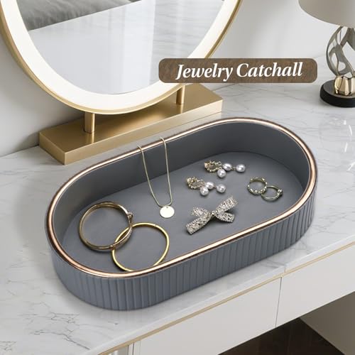GORESE PU Leather Valet Tray Perfume Organizer, Oval Jewelry Trays Nightstand Organizer Key Bowl Trinket Dish for Dresser Bedside, Vanity Tray for Bathroom, EDC Trays for Men Women, 11×5.9 in, Gray - color: Light Gray
