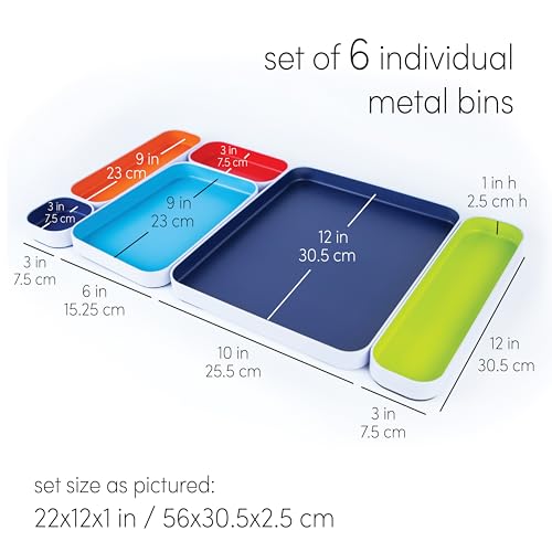Three by Three Seattle 6 Piece Metal Organizer Tray Set for Storing Makeup, Stationery, Utensils, and More in Office Desk, Kitchen and Bathroom Drawers (1 Inch, Assorted Colors, Stripes) - color: Assorted Colors, Stripes, size: 6 Piece