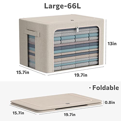 CYhom 3Pack Foldable Storage Bins - Frame Storage Box Linen Fabric Stackable Clothes Container Organizer with Clear Window & Carry Handles Large Capacity (Large-66L, Beige) - color: Beige, size: Large-66L