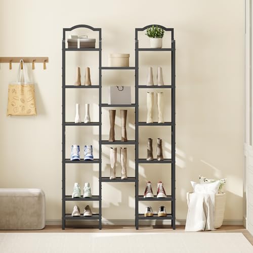YATINEY 10-Tier Tall Shoe Rack, Vertical Shoe Organizer for Small Spaces, Wooden Shoe Shelf for Entryway, Space Saving Shoe Storage, Holds 10 Pairs of Shoes, Charcoal Gray and Black SS50BC - color: Charcoal + Black, size: 11" x 11" x 72"