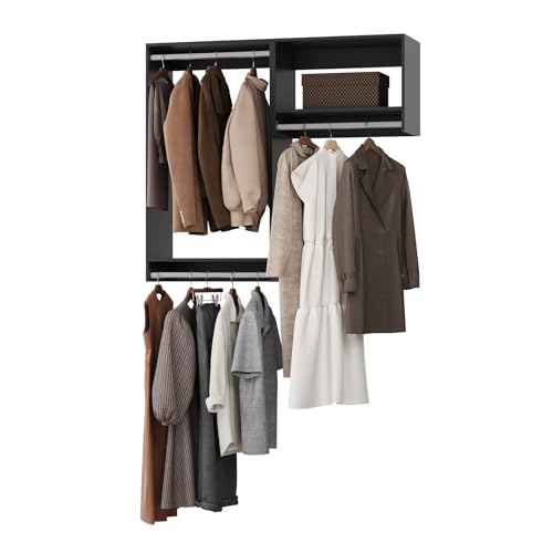 ROOMTEC Modular Closet System, 55" Wall-Mounted Closet Organizer with Hanging Rods, Wooden Tower for Walk-In Closets, Wardrobe Storage Kit, Black - size: 55" Wide, style: Model 2