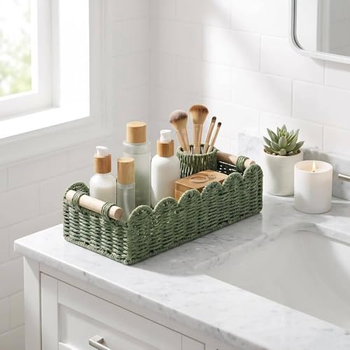 CubesLand Toilet Paper Storage Basket Scalloped Edge Home Decor Green Basket, Living Room Cozy Decor, Paper Rope Small Baskets for Over Toilet Storage Shelf, End Table, Shelves, with 2 Wooden Handles - color: Green, size: M - 14"L x 6.3"W x 3.9"H