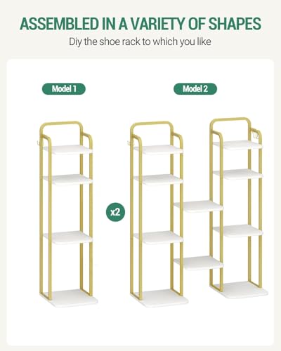 Hzuaneri 6 Tiers Vertical Shoe Rack, Narrow Shoe Tower, Tall Shoes Shelf with 2 Hooks, Adjustable Shelves, Corner Shoes Shelves for Small Spaces, Entryway, Living Room, White Gold SR04213A - color: White Gold, size: 6 Tier(11.8"D x 10.4"W x 39.8"H)