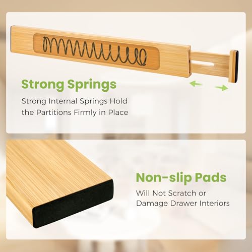 Fyvva Drawer Divider, Adjustable Bamboo Kitchen Drawer Organizer, Spring Loaded Drawer Organizer, Dresser Separators for Kitchen, Bathroom, Clothes, Office Desk Storage (Natural, 4 Pack Large) - size: 4 Pack Large
