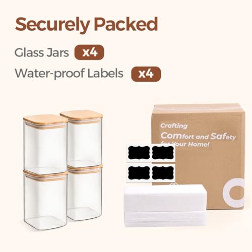 ComSaf Glass Storage Containers with Lids, 1.2 Qt Glass Jars with Lids, Clear Food Storage Jar, Canister For Pantry Cookie Flour Cereal Rice Sugar Tea Coffee Beans Spice, Square Set of 4 - size: 1.2Qt*4