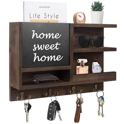 WEWEOW Key Holder for Wall, Mail Organizer Wall Mount with Key Hooks and Chalkboard & Mirror for Sunglasses Storage and Dog Leash Hanger, Decorative with 4 Double Hooks - color: Dark Brown