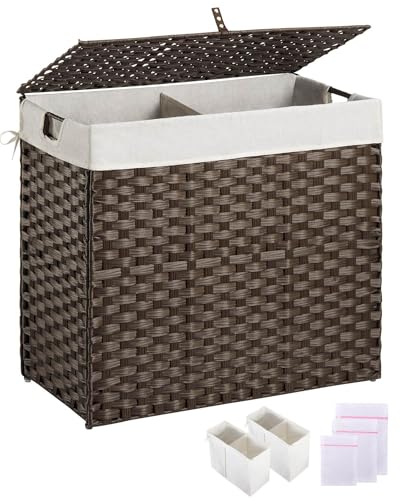 Greenstell Laundry Hamper with lid, No Install Needed, 130L Wicker Laundry Baskets Foldable 2 Removable Liner Bags, 2 Section Clothes Hamper Handwoven Rattan Laundry Basket with Handles, Brown - color: Brown, size: 130L (26.2x13.3x24.0 Inches)