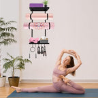 Yoga Mat Holder Wall Mount, Yoga Mats Rack with Double Floating Shelves, Yoga Accessory Storage Rack with 5 Hooks for Resistance Bands and Workout Equipment for Home Gym Storage, Black