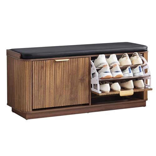 Fluted 3-Tier Entryway Shoe Bench with Drawers and Adjustable Shelves, 43.3'' Wide Shoe Storage Bench with Cushion Seat for Entrance, Hallway, Living Room, End of Bed - Walnut - size: Drawer-walnut