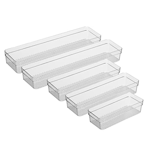 Oggi Set of 5 Clear Drawer Organizers - (1) 3x6.25, (2) 3x9.5, (2) 3x12.5 - Ideal for Organizing Kitchen Drawers, Office, Desk, Silverware, Kitchen Utensils, Cosmetics and Bathrooms - size: Set of 5