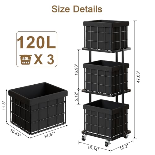120L Vertical Rolling Laundry Hamper with Removable Bags, 3 Section Laundry Basket with Wheels, Slim Tall 3 Tier Laundry Sorter for Small Spaces, Dorm, Laundry Room, Bathroom, Closet, Black - color: Black, size: 3 Tier