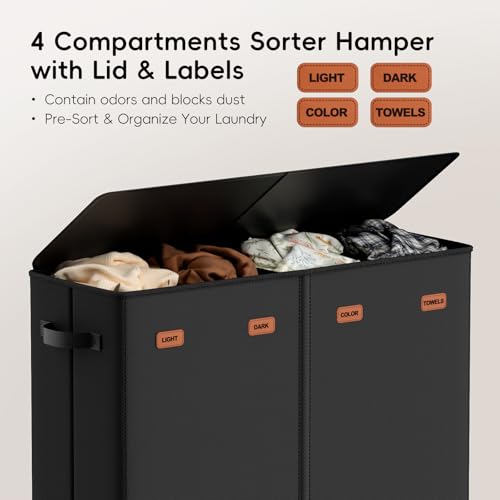 Laundry Hamper 4-Section with Lid, 185L Laundry Sorter with 4 Removable Bags + 1 Extra Large Bag, Switchable 3/4 Compartment, Laundry Basket Organizer for Bedroom, Laundry Room，Black - color: Black, size: 185L - 4 Section