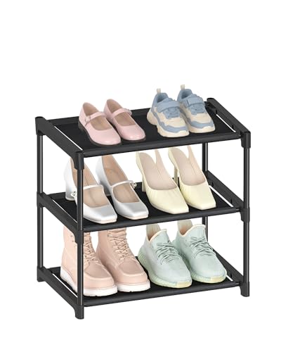 HITHIM 3 Tiers Small Shoe Rack,Narrow Stackable Shoe Shelf Organizer,Sturdy Shoe Stand, Non-Woven Fabric Metal Shoe Racks for Entryway, Doorway and Bedroom Closet - size: 3-Tier