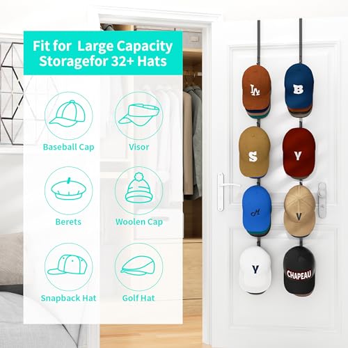 HapiRm Over Door Hat Rack - 2 Packs Hat Organizer with 8 Hooks Design, Hanging Baseball Cap Organizer Storage Holds Up to 40 Caps for Door, Bedroom, Closet (Black) - color: Black, size: 2 Pack