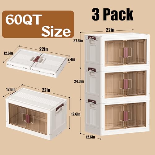 45GAL/180QT 3 tier large stackable storage bins with lid and wheels, collapsible storage bins plastic with doors，suit for clothes, closet, home and office - size: 60QT, style: 3 Pack