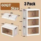 45GAL/180QT 3 tier large stackable storage bins with lid and wheels, collapsible storage bins plastic with doors，suit for clothes, closet, home and office - size: 60QT, style: 3 Pack