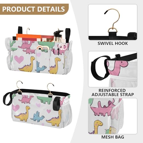 Bedside Caddy Metal Frame Hanging Organizer Bunk Bed Dorm Accessories Hook And Loop Storage Bag Large Pockets Cute Dinosaurs and Hearts - color: Cute Dinosaurs and Hearts