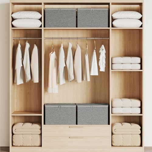 Clothes Storage Bins with Sturdy Frames, Foldable Fabric Clothing Organizer Box for Moving, Sweater Storage Cube with Lids and Zipper, Linen Closet Storage Bags for Blankets, Clothes, Sheet - color: Grey, size: Medium x 6 Packs