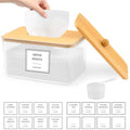 Dryer Sheet Holder - Clear Dryer Sheets Container with Bamboo Lid, 16 Labels and Scoops for Laundry Room Organization and Storage Dryer Sheet, Balls, Clothespins, Pods