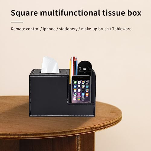 PU Leather Tissue Box Cover with Storage Square-Multifunctional Tissue Holder,Remote Control Holder,Decorative Tissues Boxes Organizer,Home Office Desktop Storage box,Black - color: Black
