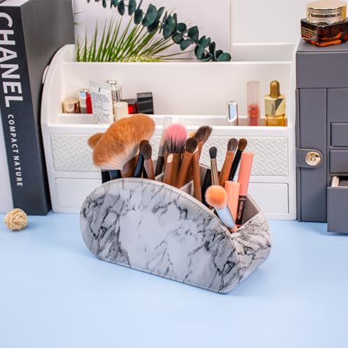 Remote Control Holders Organizer Box with 5 Compartment PU Leather Multi-functional Office Desk Storage Caddy Store Tv Remote for Media Player,Brush,Pencil,Glassees&Office Supplies (Marble) - color: Marble, size: S