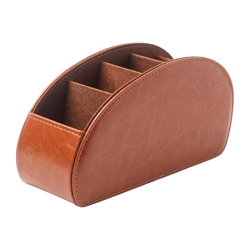Remote Control Holder with 5 Compartments, PU Leather Remote Caddy Desktop Organizer for TV DVD Blu-Ray Media Player and Heater Controllers, Multifunction Tabletop Storage Box, Brown - color: Brown