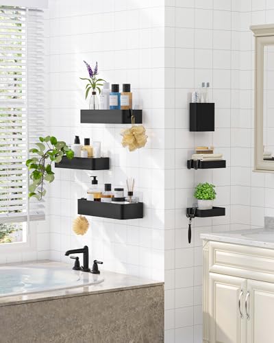 Kitsure Shower Caddy Adhesive - 6-Pack, No-Drilling Shower Shelves with Soap Holder, Toothbrush Holde, 6 Hooks, Rustproof & Stylish Bathroom Organizers and Storage Solution, Black, Large - color: Black